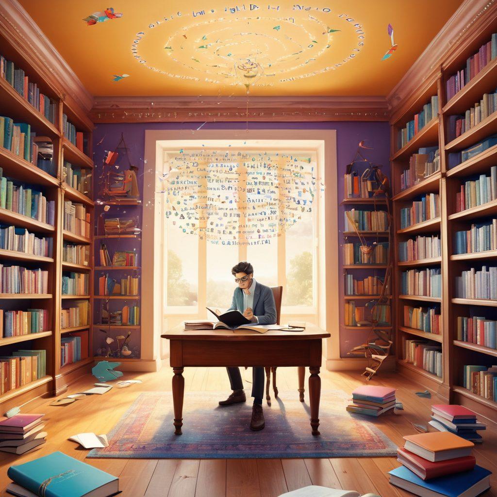 A whimsical illustration featuring a quaint library filled with colorful books, where a scholar is joyfully studying English grammar surrounded by floating letters and symbols. A bright light shines down, illuminating an intricate mind map of vocabulary growth. The background blends in soft hues, symbolizing knowledge expansion, while playful grammar rules are scattered in the air. This scene reflects the journey from basic understanding to mastery in English. vibrant colors. whimsical art. 3D.