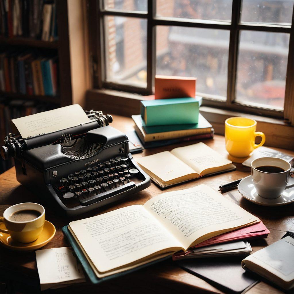 An open notebook filled with colorful handwritten notes, surrounded by grammar books and vocabulary flashcards. A vintage typewriter sits nearby, symbolizing writing craft, with a steaming cup of coffee for inspiration. Bright light filters through a window, illuminating a cozy writing corner. Illustrate elements of learning and creativity flowing together. super-realistic. vibrant colors. cozy atmosphere.
