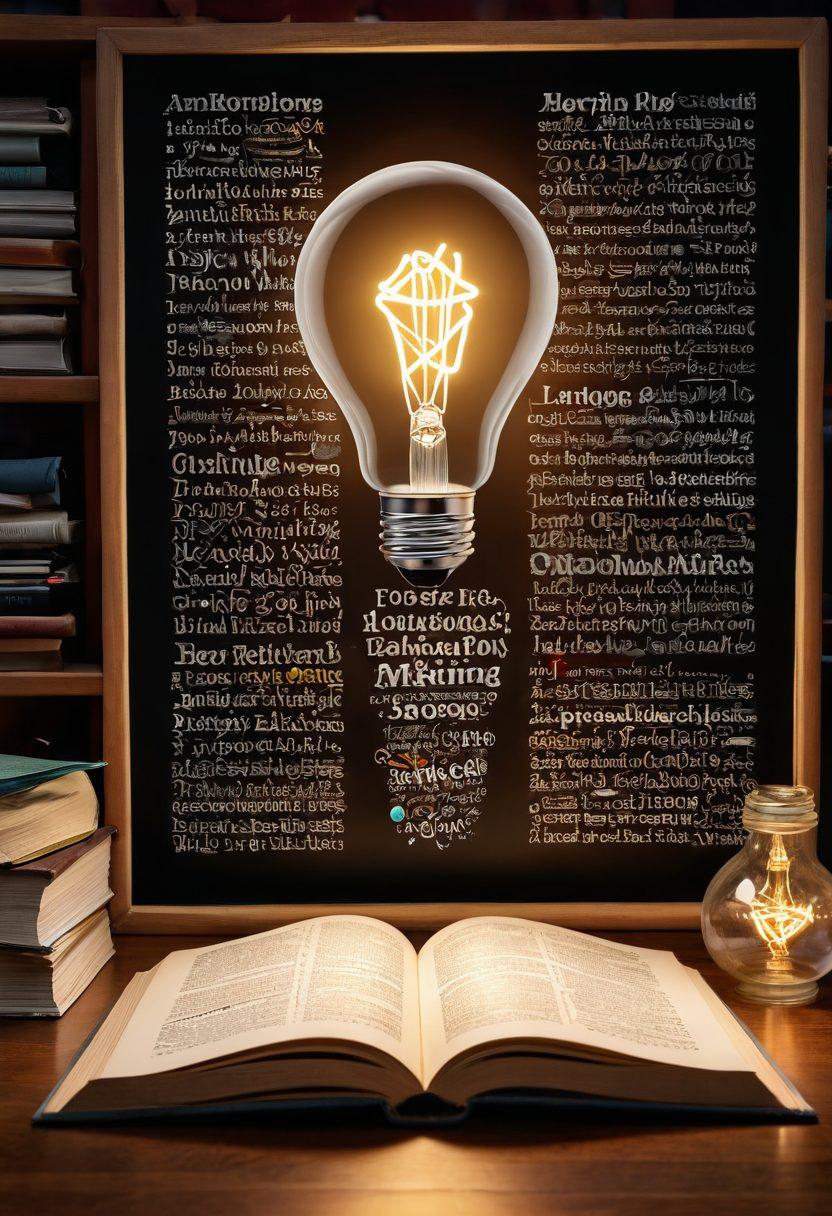 An open book with pages turning, surrounded by floating letters and vibrant vocabulary words in various fonts. A light bulb shines above, symbolizing ideas and learning, with a chalkboard in the background featuring grammar rules. The scene is set in a cozy study with a warm atmosphere, suggesting knowledge and growth. super-realistic. vibrant colors. cozy environment.